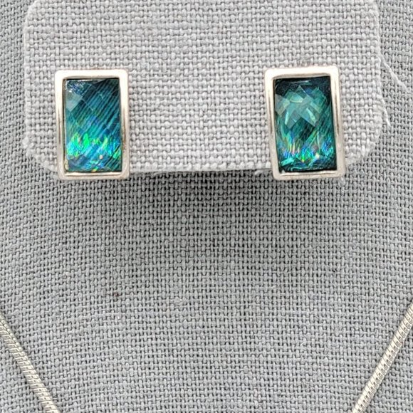 KC Blue Stone Rectangle Pendant Necklace Earrings Fashion Set Blue Silver Tone - Picture 5 of 12